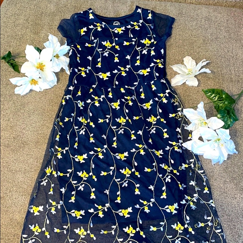 Navy dress with white and yellow flowers